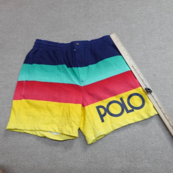 Polo Ralph Lauren Shorts Medium Blue Yellow Retro Striped Fleece NEW - Picture 3 of 12